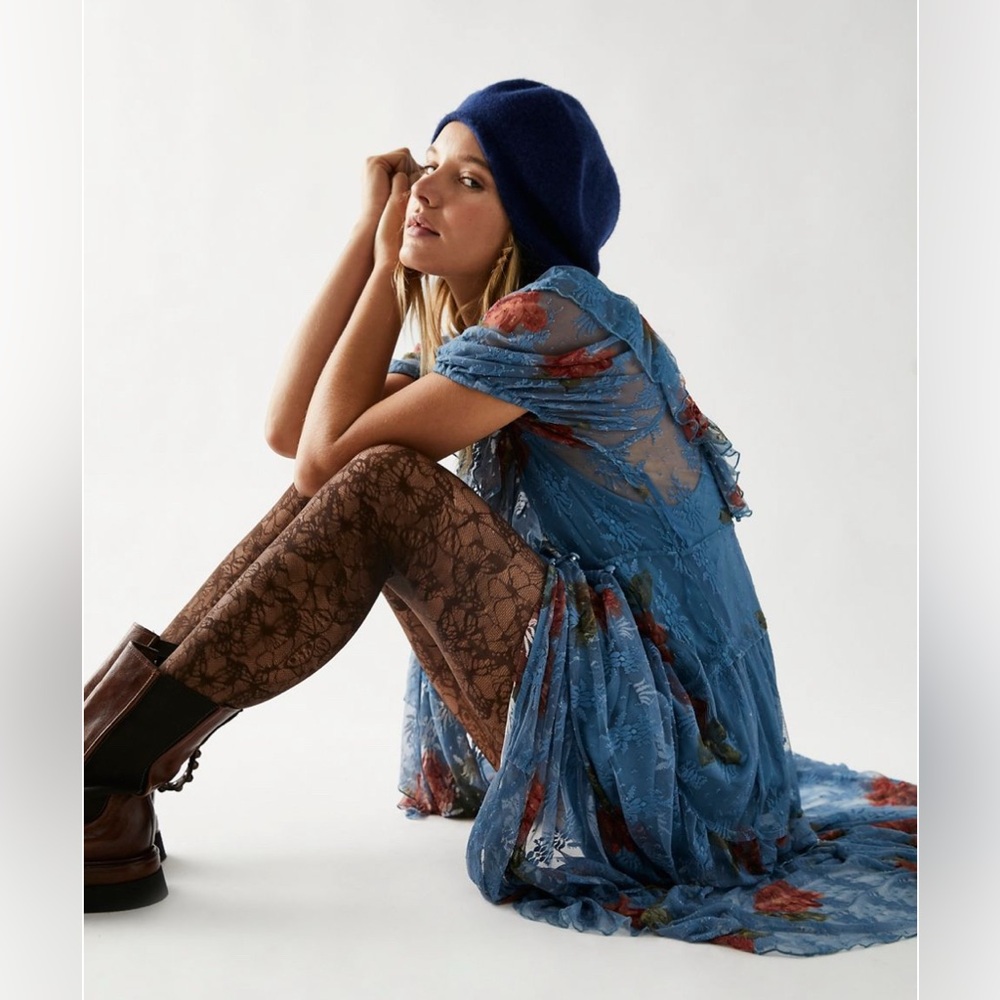 Free People Hollis Dress Blue Maxi Dress with Red Floral Design